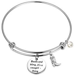 BEKECH Cowgirl Jewelry Boots and Bling Its a Cowgirl Thing Bangle Bracelet with Western Wild West Cowgirl Texas Boot Charm Equestrian Gift Horse Lover Gift