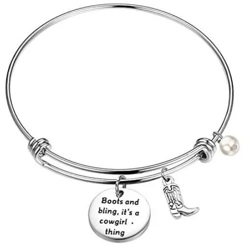 BEKECH Cowgirl Jewelry Boots and Bling Its a Cowgirl Thing Bangle Bracelet with Western Wild West Cowgirl Texas Boot Charm Equestrian Gift Horse Lover Gift