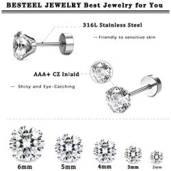 Besteel 12 Pairs 18g Stainless Steel Cubic Zirconia Stud Earrings for Women Men Tiny Cartilage Ear Piercings Helix Set Flat Screw Backs 2MM-6MM