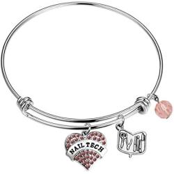 Gzrlyf Nail Tech Bracelet Pink Pave Heart Charm Nail Technician Gifts for Manicurist Coworkers