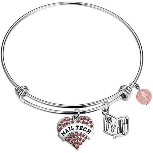 Gzrlyf Nail Tech Bracelet Pink Pave Heart Charm Nail Technician Gifts for Manicurist Coworkers
