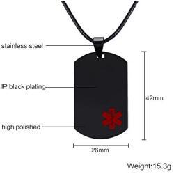 Mens Stainless Steel Customization Medical Alert Dog Tag Pendant Necklace Black,Free Engraved