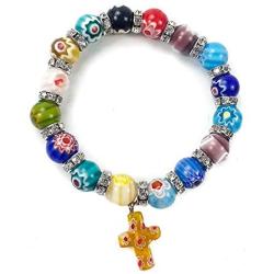 Nazareth Store Agate Colorful Flowers Beads Cross Bracelet Catholic Rosary Bangle Jerusalem Religious Christian Gifts for Boys Girls Jewelry for Women & Men