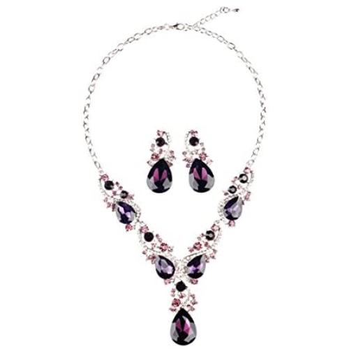Hamer Costume Jewelry Purple and White Crystal Choker Pendant Statement Charm Necklace and Earrings Sets Women