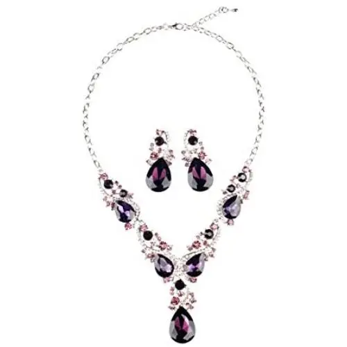 Hamer Costume Jewelry Purple and White Crystal Choker Pendant Statement Charm Necklace and Earrings Sets Women Hamer Costume Jewelry Purple and White Crystal Choker Pendant Statement Charm Necklace and Earrings Sets Women