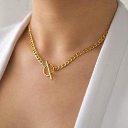 CHESKY 14K Gold Plated Moon Star Toggle Bar Clasp Necklaces for Women Dainty Hammered Coin Pendant Necklace Minimalist Handmade Chunky Link Chain Necklaces