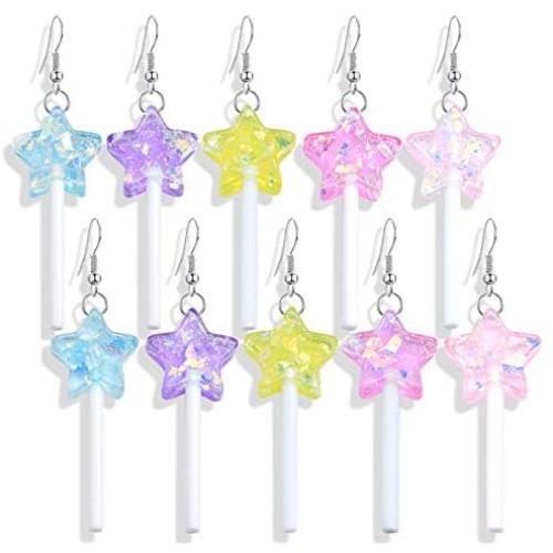 DAMLENG 5 Pairs Funny Cute Resin Colorful Star Lollipop Drop Earring Handmade Candy Simulation Food Dangle Earring for Women Girl Exaggerated Trend Style Jewelry