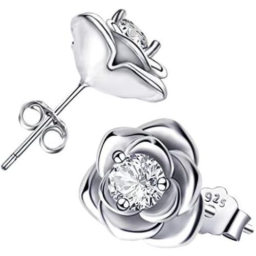 Rose Stud Earrings - Sterling Silver Hypoallergenic Cubic Zirconia Rose Flower Post Earrings Round CZ Rose Studs Earrings for Women Girls