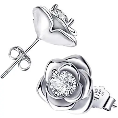 Rose Stud Earrings - Sterling Silver Hypoallergenic Cubic Zirconia Rose Flower Post Earrings Round CZ Rose Studs Earrings for Women Girls Rose Stud Earrings - Sterling Silver Hypoallergenic Cubic Zirconia Rose Flower Post Earrings Round CZ Rose Studs Earrings for Women Girls