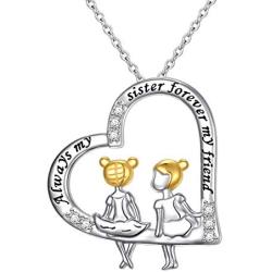 Sisters Gifts from Sister Brother Sterling Silver Always My Sister Forever My Friend Heart Necklace Female Friendship Jewelry for Women Girls