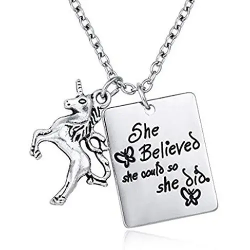 Plated Silver Alloy Unicorn Necklace Pendant Charms Chain for Females gifts- She Believed She Could So She Did ''Life Is Magical'' Unicorn Necklace