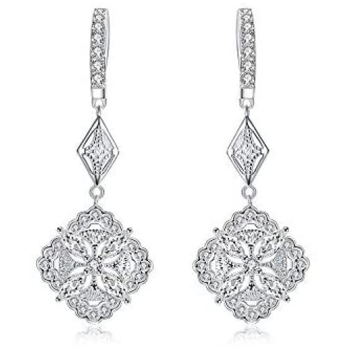 CZ Vintage Dangle Hoop Earrings for Women Girls S925 Sterling Silver with Charms White Gold Plated Pave Cubic Zirconia Leverback Filigree Flower Dangling Stud Wedding Retro Bridal Prom Antique Jewelry
