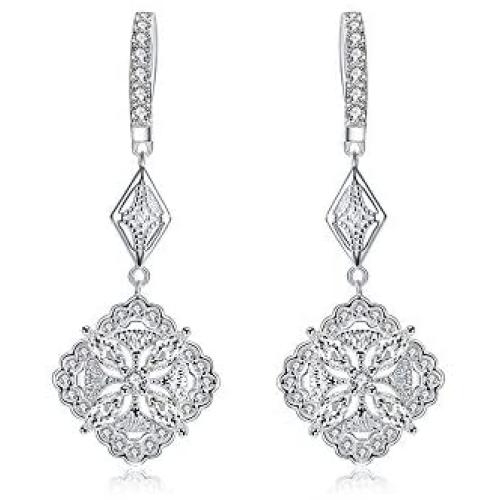 CZ Vintage Dangle Hoop Earrings for Women Girls S925 Sterling Silver with Charms White Gold Plated Pave Cubic Zirconia Leverback Filigree Flower Dangling Stud Wedding Retro Bridal Prom Antique Jewelry