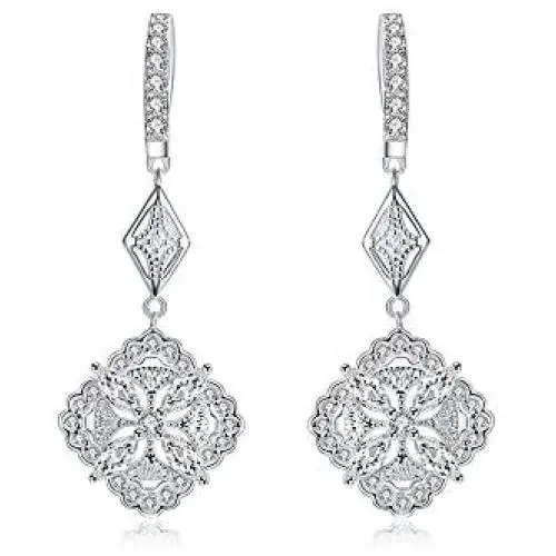 CZ Vintage Dangle Hoop Earrings for Women Girls S925 Sterling Silver with Charms White Gold Plated Pave Cubic Zirconia Leverback Filigree Flower Dangling Stud Wedding Retro Bridal Prom Antique Jewelry