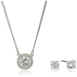 NINE WEST ''Nw Boxed Gifting Cubic Zirconia Round Shape Necklace and Earrings Jewelry Set