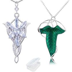 PPX 2 Pcs Lord of The Ring Elven Leaf Aragorn Arwen Evenstar Pendant Chain Necklace Princess Chain with Transparent Jewelry Box