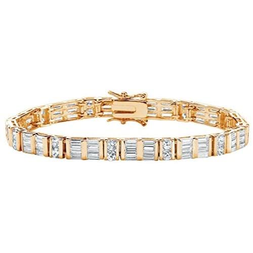 Palm Beach Jewelry 14K Yellow Gold Plated Round and Baguette Cubic Zirconia Tennis Bracelet (6mm), Box Clasp, 7.5 inches