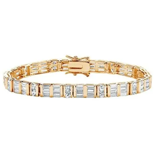 Palm Beach Jewelry 14K Yellow Gold Plated Round and Baguette Cubic Zirconia Tennis Bracelet (6mm), Box Clasp, 7.5 inches