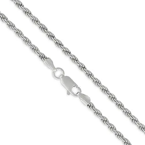 Genuine Solid Sterling Silver Italian Rope Diamond-Cut Link .925 Rhodium Necklace Chains 1.5MM - 5.5MM, 16'' - 30'', Silver Chain for Men & Women, Capital Jewelry