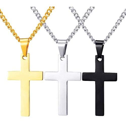 3Pcs Stainless Steel Cross Pendant Necklace Set Adjustable Chain Silver Gold Black for Men Women Unisex Punk Rosary Religious Jewelry