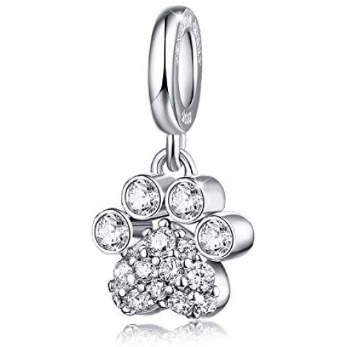 FOREVER QUEEN Dog Paw Prints Dangle Charms 925 Sterling Silver Love Animals Pets Bead Birthstone Charm with Cubic Zirconia Fits Bracelets Necklace
