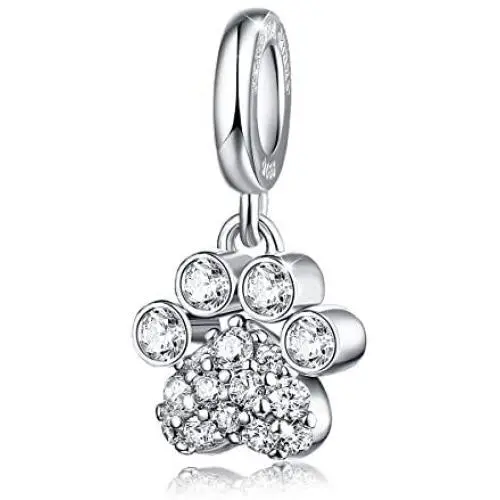 FOREVER QUEEN Dog Paw Prints Dangle Charms 925 Sterling Silver Love Animals Pets Bead Birthstone Charm with Cubic Zirconia Fits Bracelets Necklace