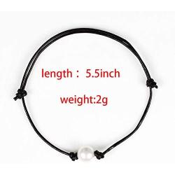 HERMISS Faux Fake Single Pearl Bracelet Black Leather Jewelry Hademade for Women Girl Gift