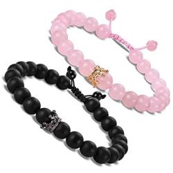 EnjoIt Couple Distance Bracelet Diffuser Beads Crown Queen Bracelets Matte Agate & White Howlite Lava Stone