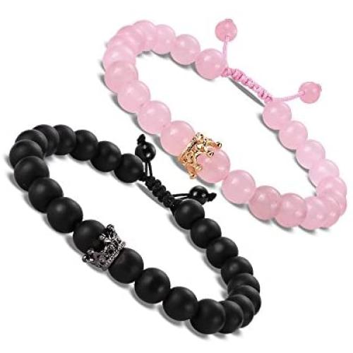 EnjoIt Couple Distance Bracelet Diffuser Beads Crown Queen Bracelets Matte Agate & White Howlite Lava Stone