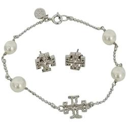 Tory Burch Womens Milgrain Logo Pearl Bracelet and Earring Set in Silver