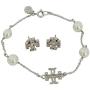 Tory Burch Womens Milgrain Logo Pearl Bracelet and Earring Set in Silver