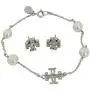 Tory Burch Womens Milgrain Logo Pearl Bracelet and Earring Set in Silver Tory Burch Womens Milgrain Logo Pearl Bracelet and Earring Set in Silver