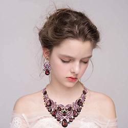 BriLove Womens Bohemian Boho Crystal Teardrop Filigree Leaf Hollow Statement Necklace Dangle Earrings Set