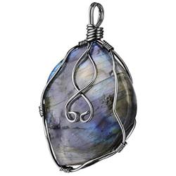 SUNYIK Natural Labradorite Stone Pendant Necklace for Unisex, Handmade Wire Wrapped Irregular Jewelry for Healing