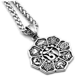 Warvik Indian Mandala Sacred Lotus Medallion Necklace Silver Gold Color, Stainless Steel Jewelry Men Women Wheat Chain 20/28 Inch