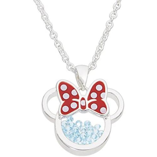 Disney Birthstone Women and Girls Jewelry Minnie Mouse Silver Plated Shaker Pendant Necklace, 18+2'' Extender