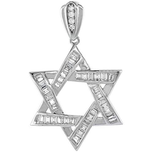 1 inch Sterling Silver Baguette Cubic Zirconia Star of David Necklace Rhodium Finish 16-24 inch