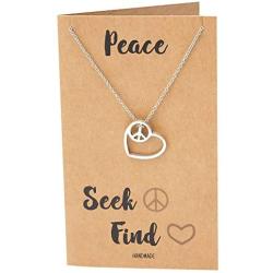 Quan Jewelry Gifts for Women, Love Heart Peace Sign Pendant Necklace, Handcrafted Jewelry in Silver Tone with Inspirational Greeting Card