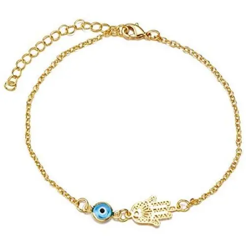 kelistom Evil Eye Hamsa Hand Charm Anklet for Women Teen Girls, Dainty Handmade Sideways Hanging Evil Eye Real 14K 18K White Gold Plated Ankle Bracelet with Extension, Minimalist Jewelry kelistom Evil Eye Hamsa Hand Charm Anklet for Women Teen Girls, Dainty Handmade Sideways Hanging Evil Eye Real 14K 18K White Gold Plated Ankle Bracelet with Extension, Minimalist Jewelry