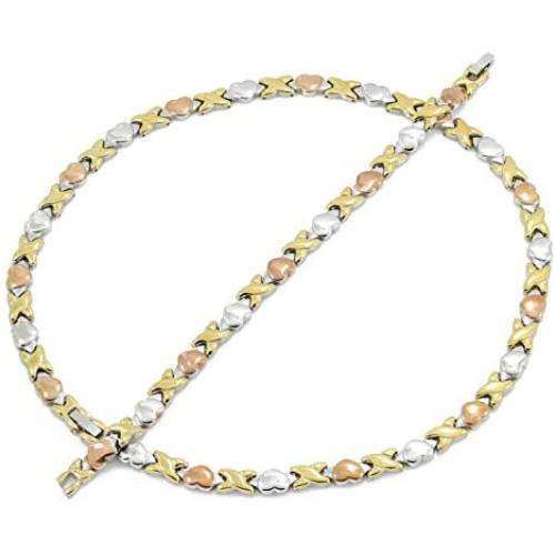 Hugs and Kisses Stainless Steel Stampato Necklace and Bracelet Set 3 Tone 18