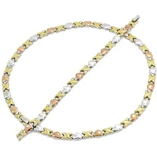 Hugs and Kisses Stainless Steel Stampato Necklace and Bracelet Set 3 Tone 18