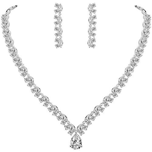 EVER FAITH Wedding Flower Leaf V-Shape Clear Pave Full Zircon Jewelry Set Austrian Crystal