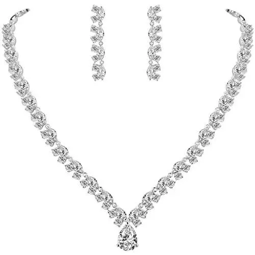 EVER FAITH Wedding Flower Leaf V-Shape Clear Pave Full Zircon Jewelry Set Austrian Crystal EVER FAITH Wedding Flower Leaf V-Shape Clear Pave Full Zircon Jewelry Set Austrian Crystal