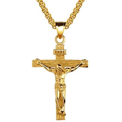 UM Jewelry Catholic Jesus Christ on INRI Cross Pendant Stainless Steel Crucifix Necklace 55cm Chain