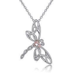 EJALEN 925 Sterling Silver Dragonfly Necklace - Hollow Rose Gold Heart Dragonfly Celtic Jewelry Birthday for Women and Dragonfly Lovers