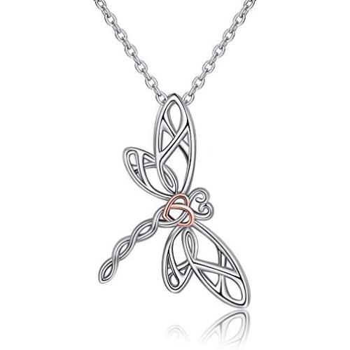 EJALEN 925 Sterling Silver Dragonfly Necklace - Hollow Rose Gold Heart Dragonfly Celtic Jewelry Birthday for Women and Dragonfly Lovers