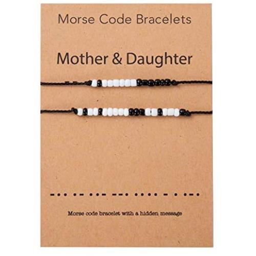 Mother Daughter Morse Code Bracelet Matching Jewelry Gift Set for 2 Handmade Stainless Steel Beads on Silk Cord …