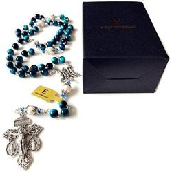 elegantmedical HANDMADE Peacock Blue Tiger Eye Prayer Beads & (AAA)10mm real Pearl sterling silver beads caps Catholic Rosary Necklace Gift Box Italy Parden Crucifix