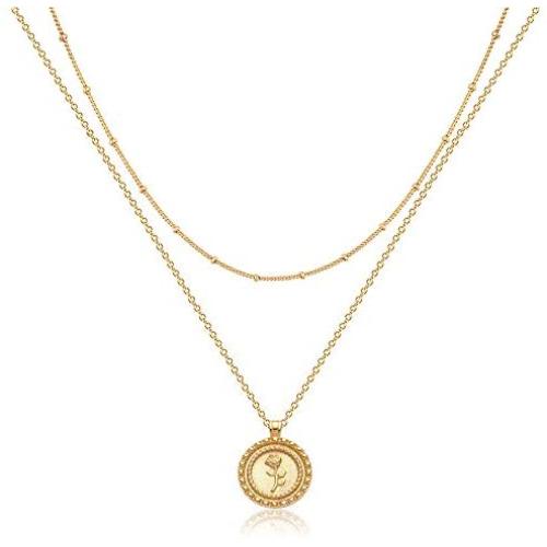 Mevecco Layered Coin Necklace 18k Gold Plated Vintage Disk Hammered Pendant Necklace Goddess Worship Celebrity Circle Medal Reversible Chic Genuine Elegant Keepsake Gift