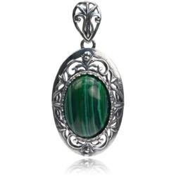 Sterling Silver Imitation Malachite Filigree Oval Earrings Pendant Set Chain 18 Inches